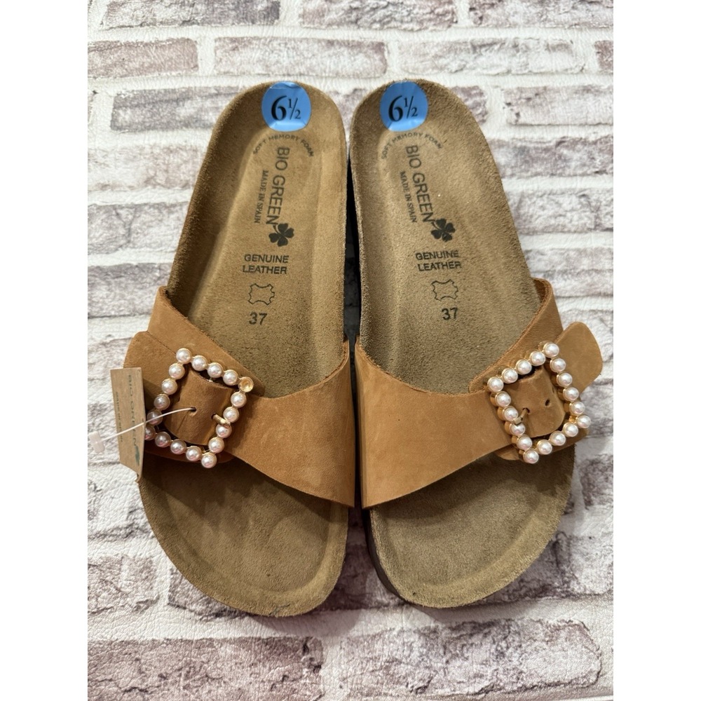 Bio‎ Green Women's Pearl Buckle Leather Sandals 6.5 37 Spain Slide Coquette NWT